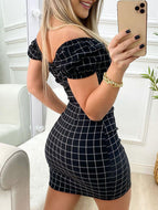 Plaid Print Leaky Shoulder Sexy Buttock Hip Short Skirt Dresses Club All Match Mini Dress