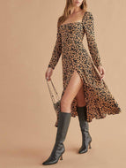 Floral Square Neck Long Sleeve Slit Design Dress Slim Fit Sexy Midi Dress