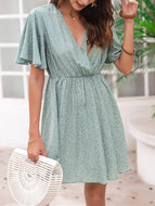 Woman New V Neck Batwing Bohemia Vacation Retro Green Polka Dots Leisure Midi Dress