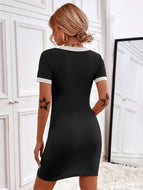 Solid Color V-Neck Short Sleeve Slim Fit Bottoming Knit Dress