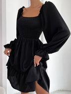 Square Neck Long Sleeve Ruffled High Waist Dress