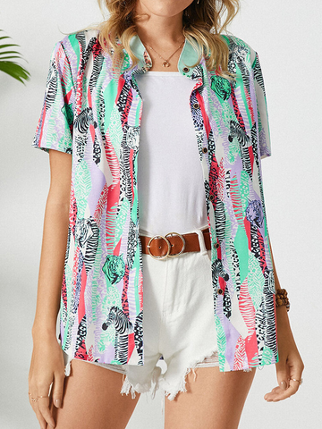 Printed Cardigan Short Sleeve Blouse Women