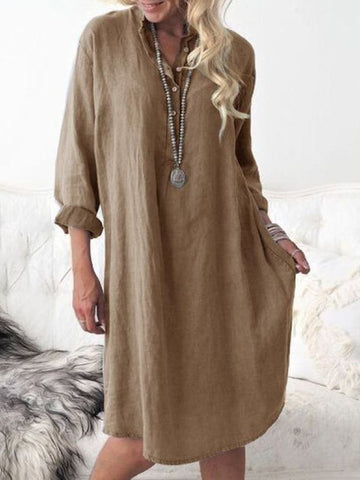 Button Loose Solid Color Shift Dress