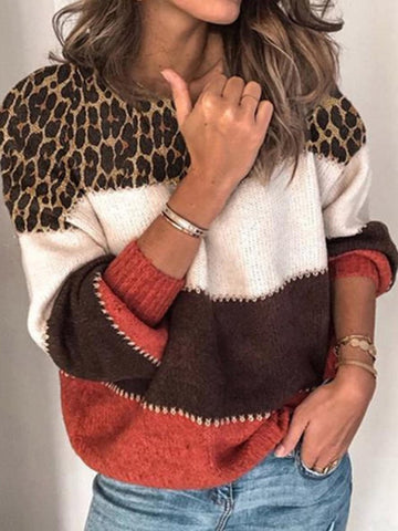 Patchwork Casual Leopard Jacquard Sweater