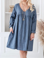 Cotton And Linen Loose V-neck Long-sleeved Dress