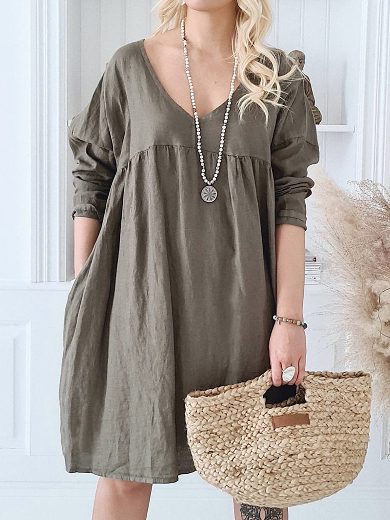 Cotton And Linen Loose V-neck Long-sleeved Dress