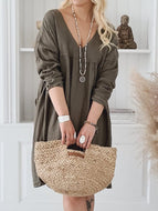 Cotton And Linen Loose V-neck Long-sleeved Dress