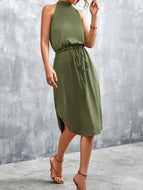 Solid Color Halter Neck Casual Drawstring Waist Slit Dress