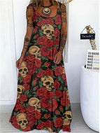 New Women's Punk Skull Print Loose Plus Size Lace-Up Dress