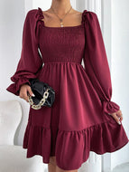 Square Neck Long Sleeve Ruffled High Waist Dress