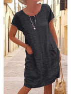 Loose Solid Pocket Short Sleeve Crew Neck Cotton Linen Dress