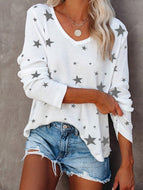 Star V-neck Printed Casual Long-sleeved T-shirt