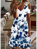 Ladies Printed Off Shoulder Lace Short Sleeve Midi Dress Casual V Neck Dresses