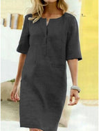 Pure Color Short-sleeved Cotton and Linen Dress