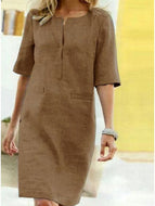 Pure Color Short-sleeved Cotton and Linen Dress