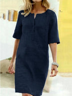 Pure Color Short-sleeved Cotton and Linen Dress