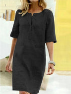 Pure Color Short-sleeved Cotton and Linen Dress