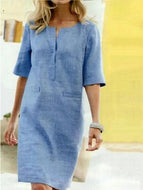 Pure Color Short-sleeved Cotton and Linen Dress