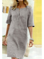 Pure Color Short-sleeved Cotton and Linen Dress