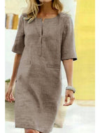 Pure Color Short-sleeved Cotton and Linen Dress