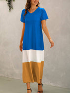 Summer New Style Stitching Contrast Color V-neck Short-sleeved Long Dress