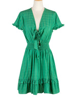 Green V Neck Low Cut Sexy Bow Short Sleeved Waist Length Dress