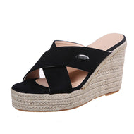 Bohemian Platform Hemp Wedge Crossover Roma Slides Slippers For Plus Size