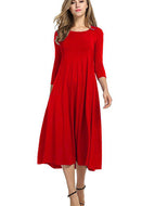 Women Comfortable Loose Round Neck Mid Sleeve Solid Color Swing Midi Dresses