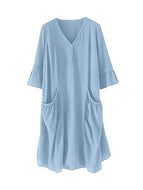 Patchwork 5 / 4 Sleeve Button Down V-neck Big Pocket Dress