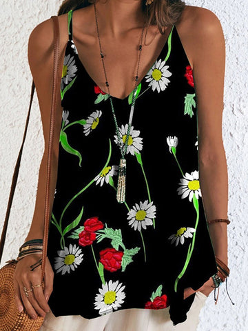 Printed Camisole Sleeveless V-neck Casual Top T-shirt