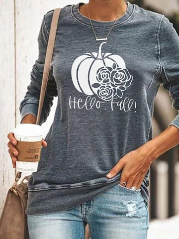 "Hello Fall" Pumkin Print Round Neck Loose Sweatshirt