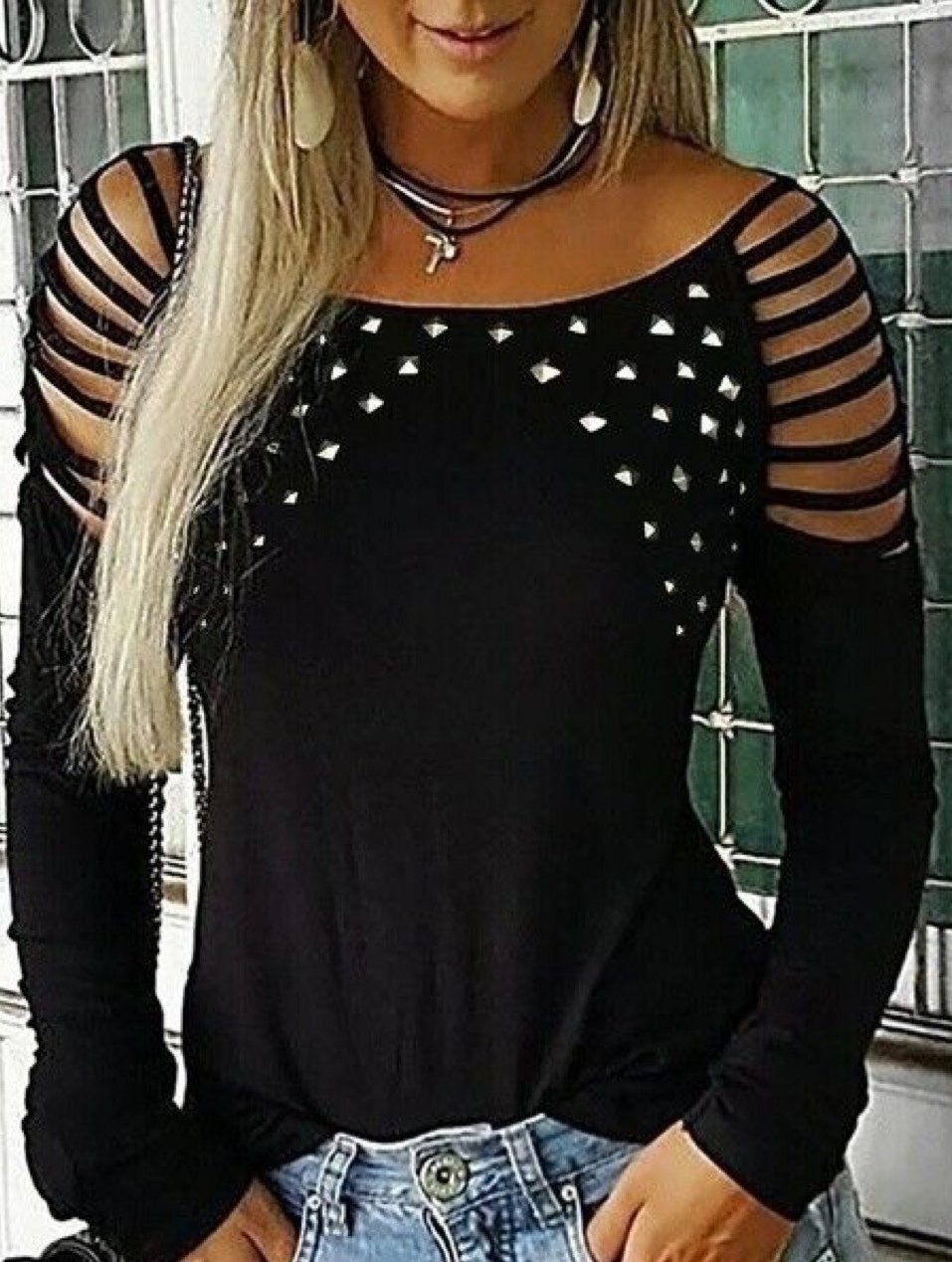 Round Neck Studded and Rhinestone Perforated Long Sleeve Blouse