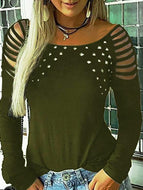 Round Neck Studded and Rhinestone Perforated Long Sleeve Blouse