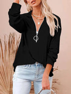 Casual solid loose zipper V-Neck long sleeve large loose pit stripe T-shirt