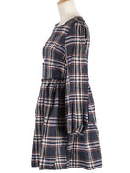 Plaid Round Neck Long Sleeve Casual Loose Waist Pleated Ladies Dress