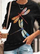 Autumn Dragonfly Print Round Neck Leisure Long Sleeve Sweatshirt