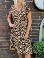 Summer Leopard Print V-Neck Short Sleeve Loose Oversized Dress