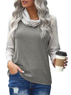 Women's spliced long sleeve pile neck top striped sleeve printed T-shirt