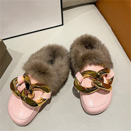 Metal Chain Lazy Slippers with Faux Fur