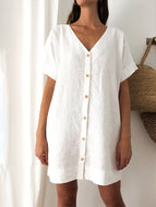 Women's cotton linen V-neck solid color shirt dress