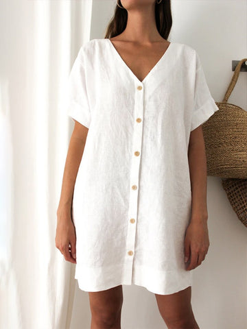 Women's cotton linen V-neck solid color shirt dress