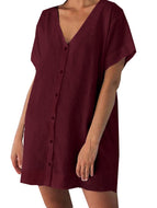 Women's cotton linen V-neck solid color shirt dress