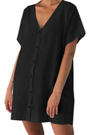 Women's cotton linen V-neck solid color shirt dress