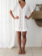 Women's cotton linen V-neck solid color shirt dress