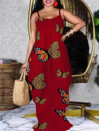 New Arrivals Fashion Butterfly Print Plus Size Sexy Sling Dress Loose Party Maxi Dress