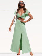 Casual Beach Chiffon Strap Top Straight Slit Skirt Fashion New Dress Suit Two Pieces