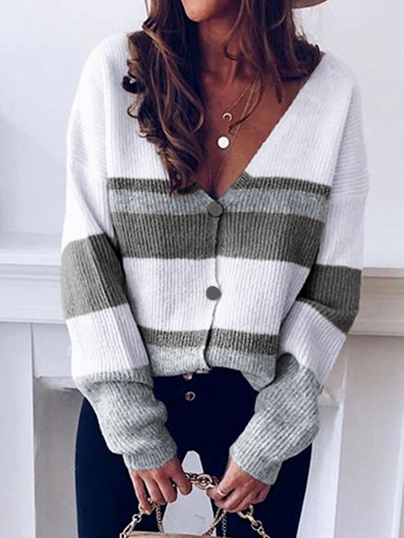 Striped Cardigan V-neck Sweater Top