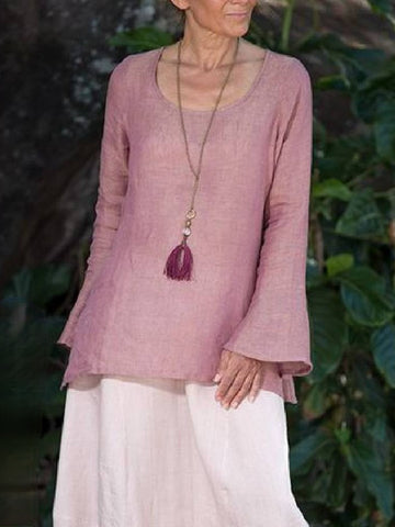 Flared Long-sleeved Cotton And Linen Top