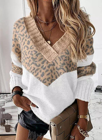 Leopard Color Block V-Neck Sweater