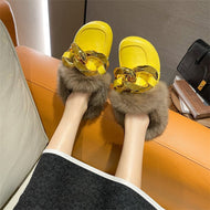 Metal Chain Lazy Slippers with Faux Fur